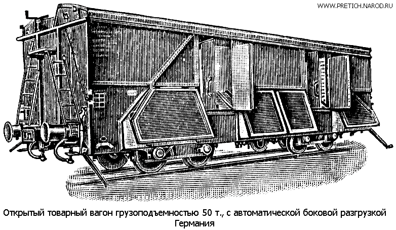 Открытый товарный вагон грузоподъемностью 50 тонн, с автоматической боковой разгрузкой, Германия, 30-40-е годы, рисунок