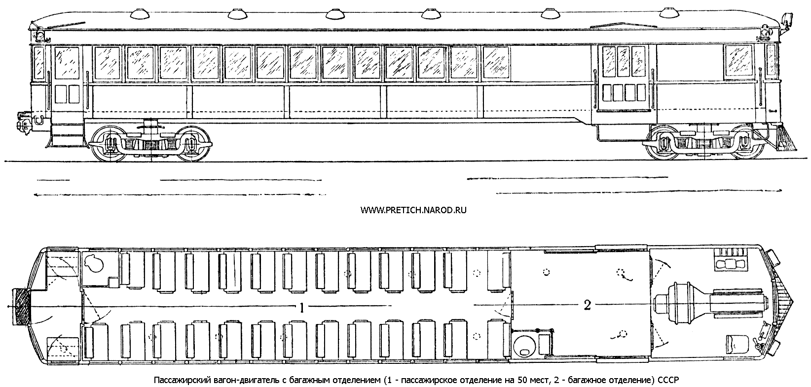 Пассажирский вагон-двигатель (автомотриса, вагон-локомотив) с багажным отделением, СССР, 40-е годы, схема