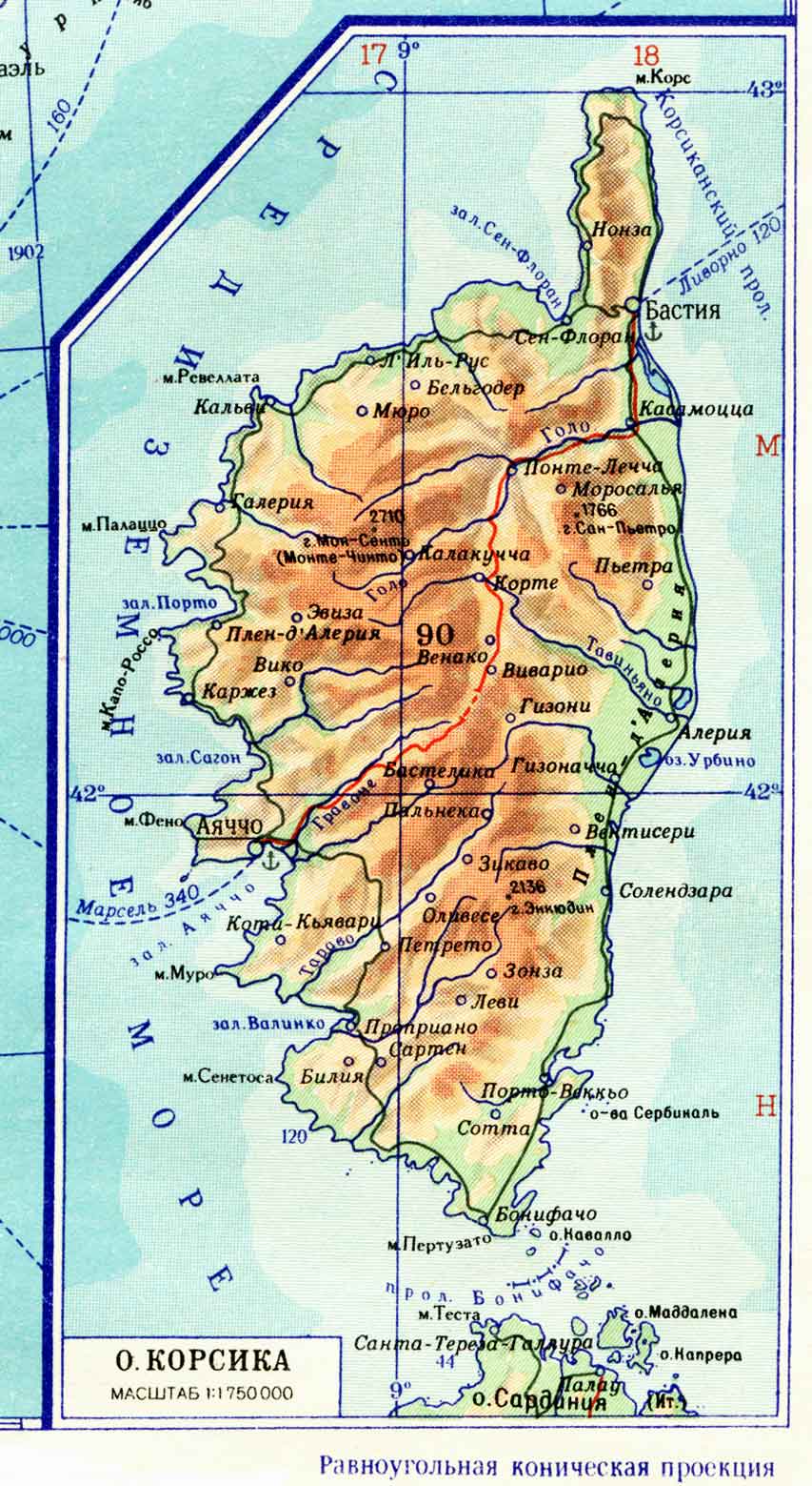 Географическая карта острова Корсика (853х1559) - высокое качество