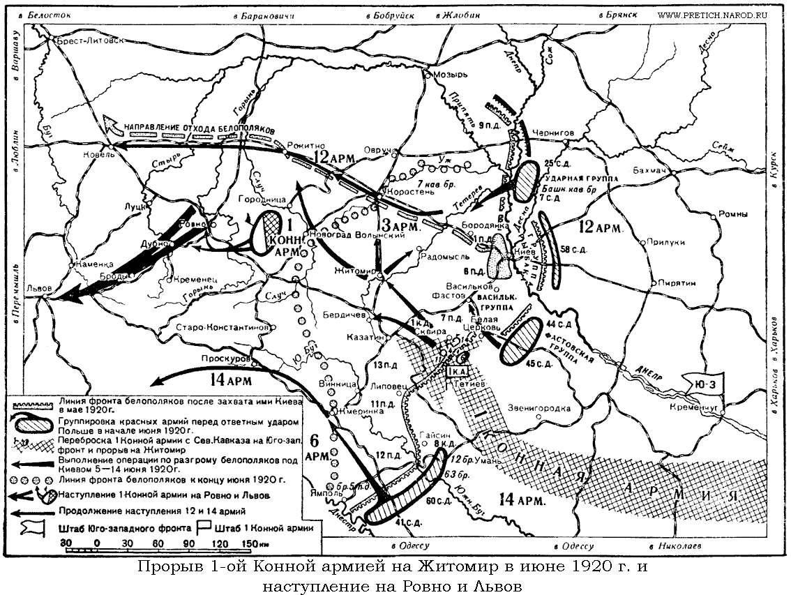 Карта - прорыв 1-ой Конной армией на Житомир в июне 1920 г., и наступление на Ровно и Львов, Гражданская война в России и борьба с белополяками