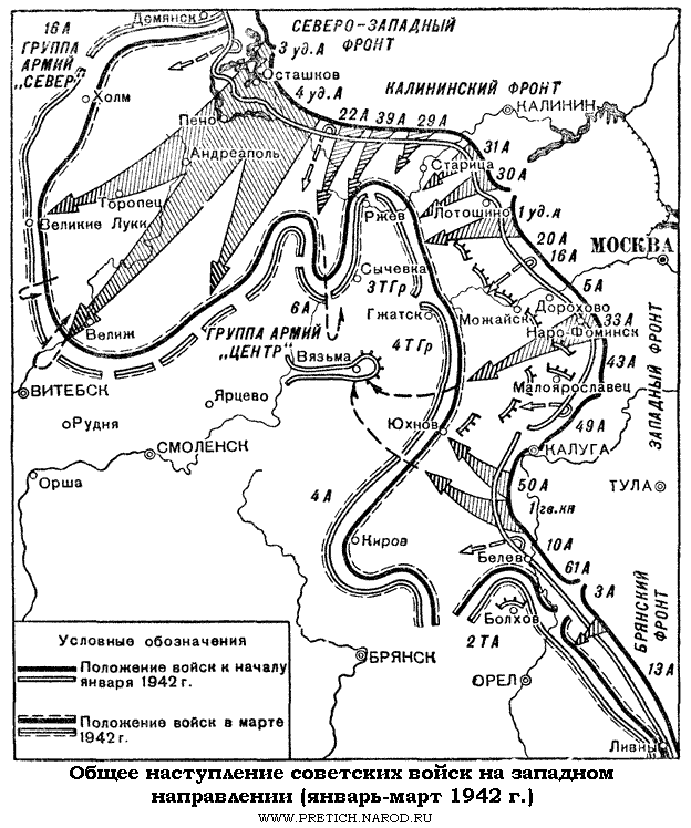 Карта - общее наступление советских войск на западном направлении (январь-март 1942 г.)