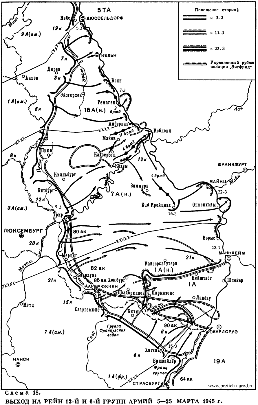Карта - Выход на Рейн 12-й и 6-й групп армий 5-25 марта 1945 г.