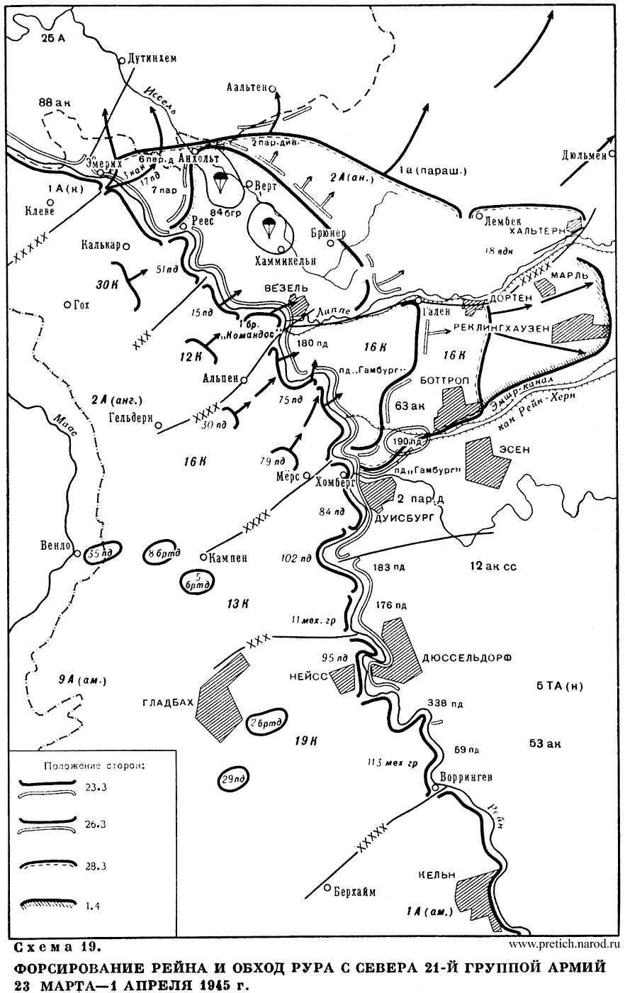 Карта - Форсирование Рейна и обход Рура с севера 21-й группой армий, 23 марта - 1 апреля 1945 г.