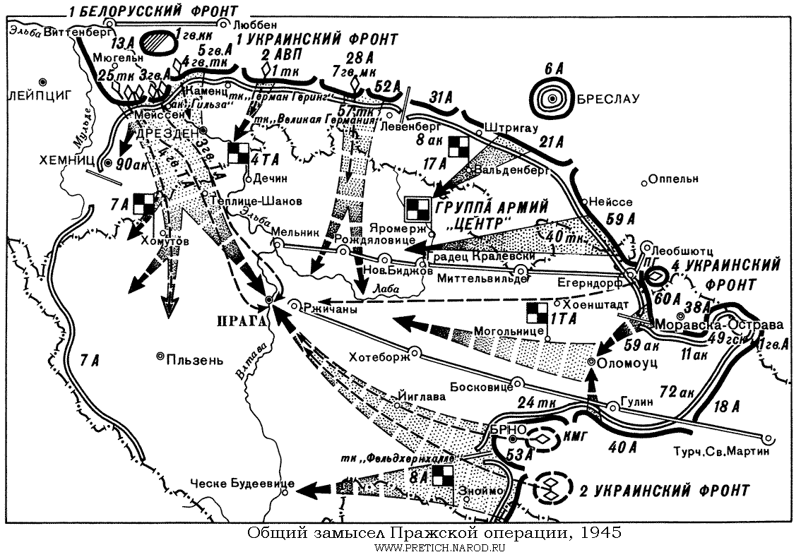 Карта - общий замысел Пражской операции, 1945 г.