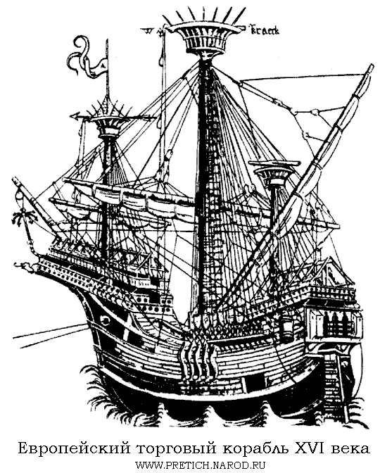 Европейский большой торговый корабль XVI века (со старинной гравюры) - рисунок