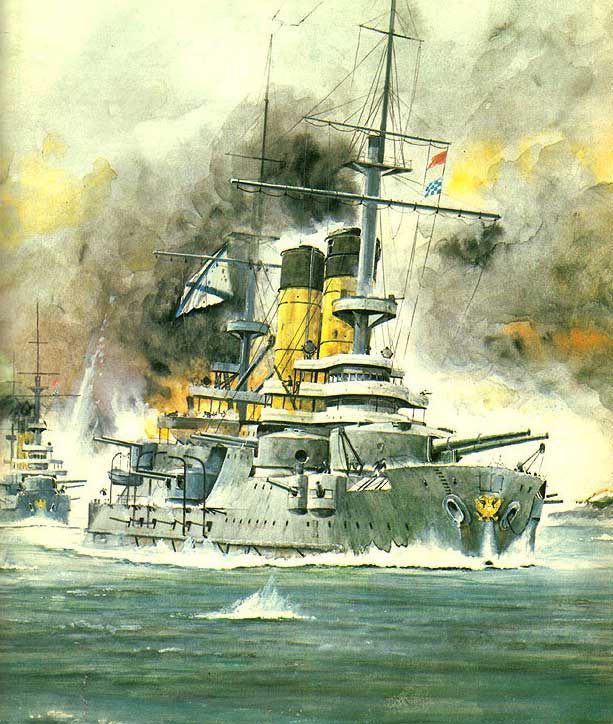 Эскадренный броненосец "Князь Суворов" ведет бой в Цусимском проливе, 15 мая 1905 года. Русско-японская война, рисунок