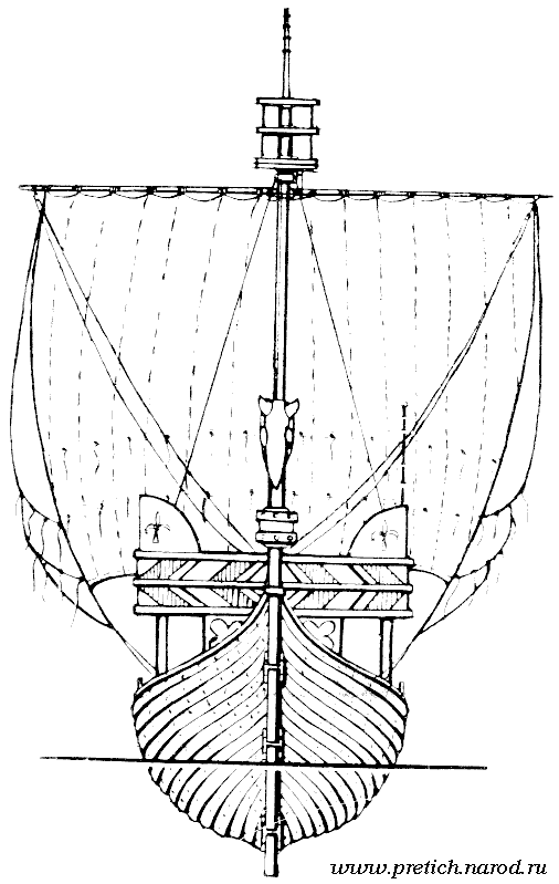 Датский военный корабль XIV век - внешний вид, чертеж с носа