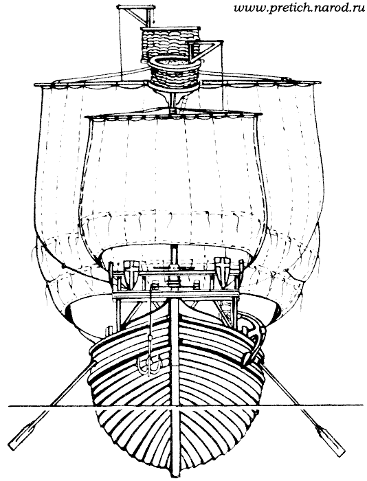 Североевропейский дромон - судно раннего средневековья - внешний вид, чертеж с бака