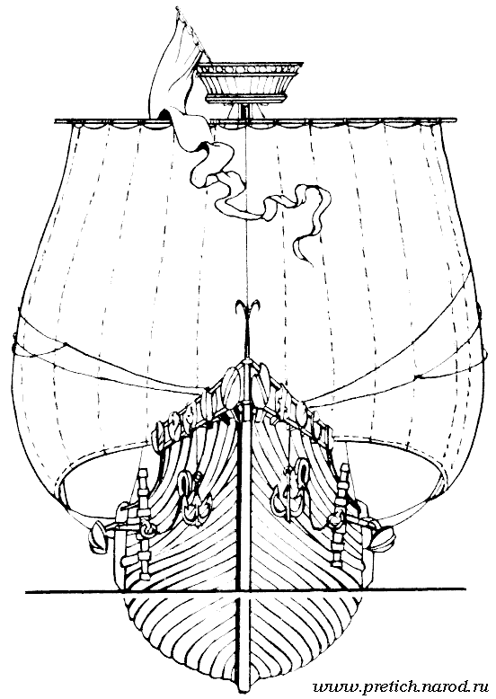 Французский торговый корабль - внешний вид, чертеж с бака