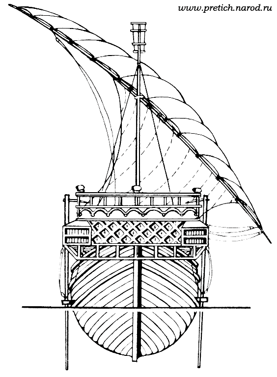 Генуэзский торговый корабль - внешний вид и чертеж с кормы