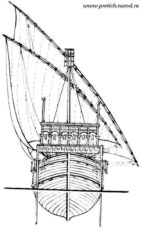 Венецианское грузовое судно - внешний вид, чертеж с кормы